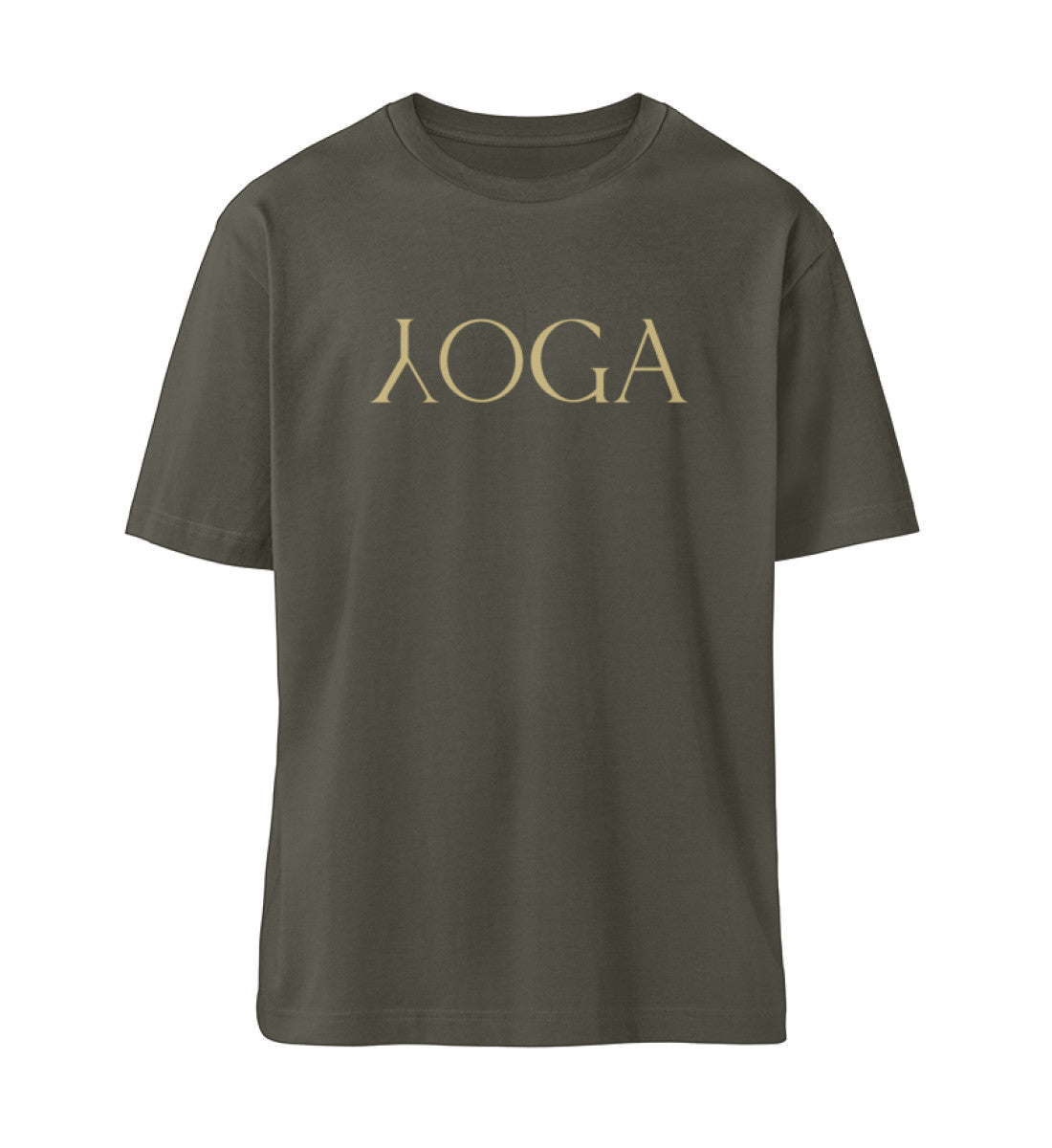 Khaki T-Shirt Unisex für Damen und Herren im Relaxed Fit bedruckt mit dem Design der Yoga Kollektion von Roger Rockawoo