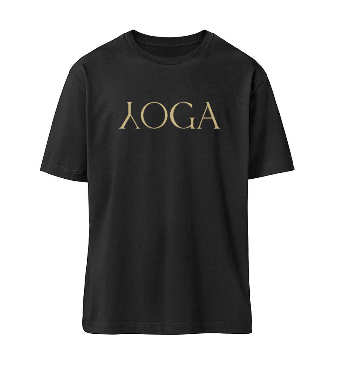 Schwarzes T-Shirt Unisex für Damen und Herren im Relaxed Fit bedruckt mit dem Design der Yoga Kollektion von Roger Rockawoo