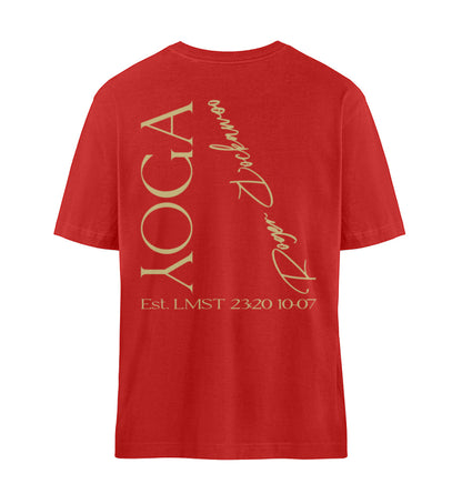 Rotes T-Shirt Unisex für Damen und Herren im Relaxed Fit bedruckt mit dem Design der Yoga Tree Kollektion von Roger Rockawoo