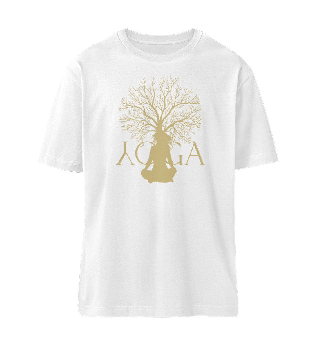Weißes T-Shirt Unisex für Damen und Herren im Relaxed Fit bedruckt mit dem Design der Yoga Tree Kollektion von Roger Rockawoo