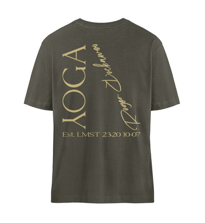 Khaki T-Shirt Unisex für Damen und Herren im Relaxed Fit bedruckt mit dem Design der Yoga Tree Kollektion von Roger Rockawoo
