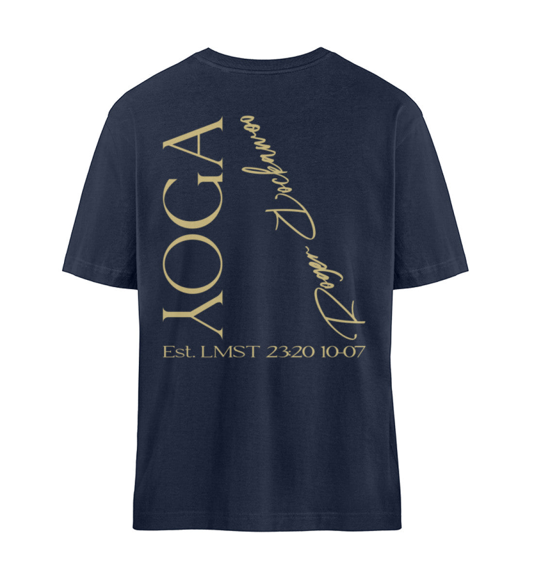 French Navy Blue T-Shirt Unisex für Damen und Herren im Relaxed Fit bedruckt mit dem Design der Yoga Tree Kollektion von Roger Rockawoo