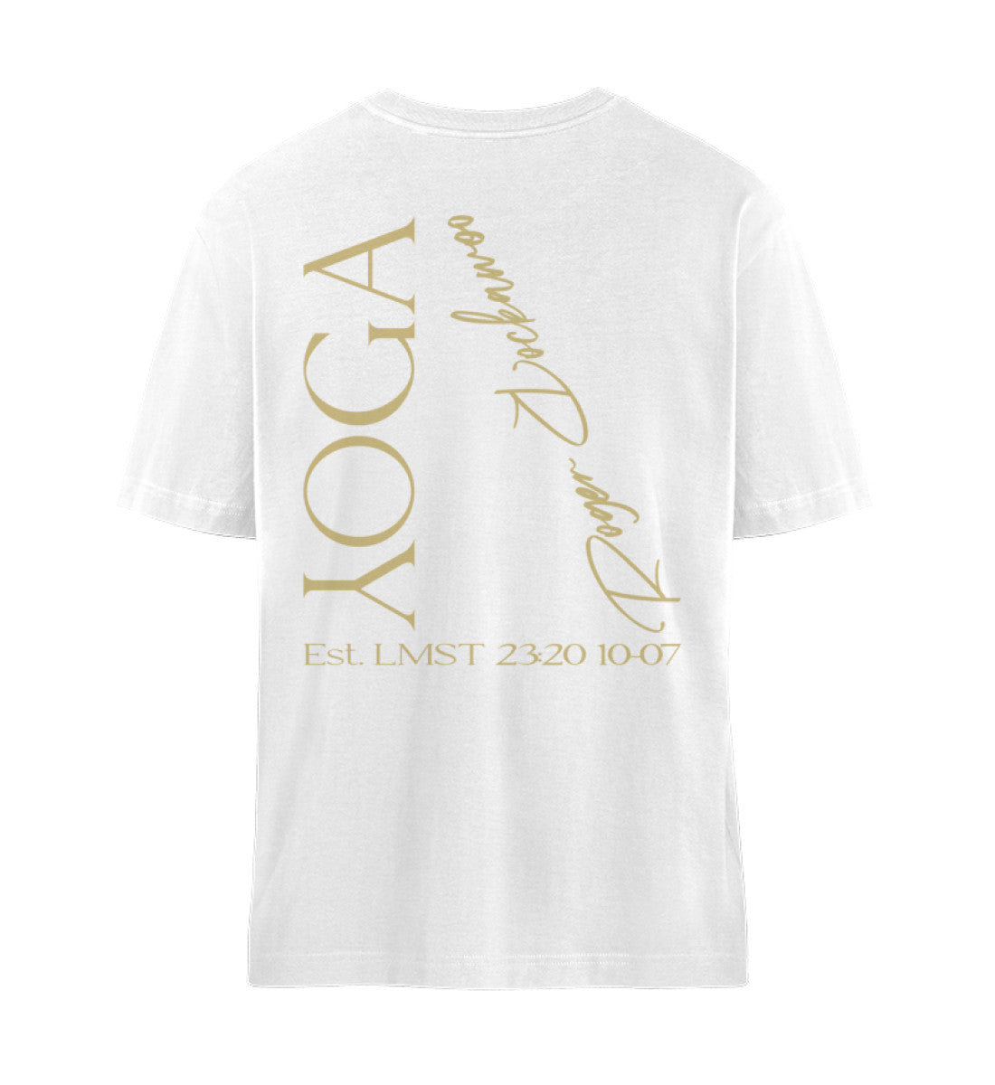 Weißes T-Shirt Unisex für Damen und Herren im Relaxed Fit bedruckt mit dem Design der Yoga Tree Kollektion von Roger Rockawoo