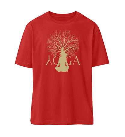 Rotes T-Shirt Unisex für Damen und Herren im Relaxed Fit bedruckt mit dem Design der Yoga Tree Kollektion von Roger Rockawoo