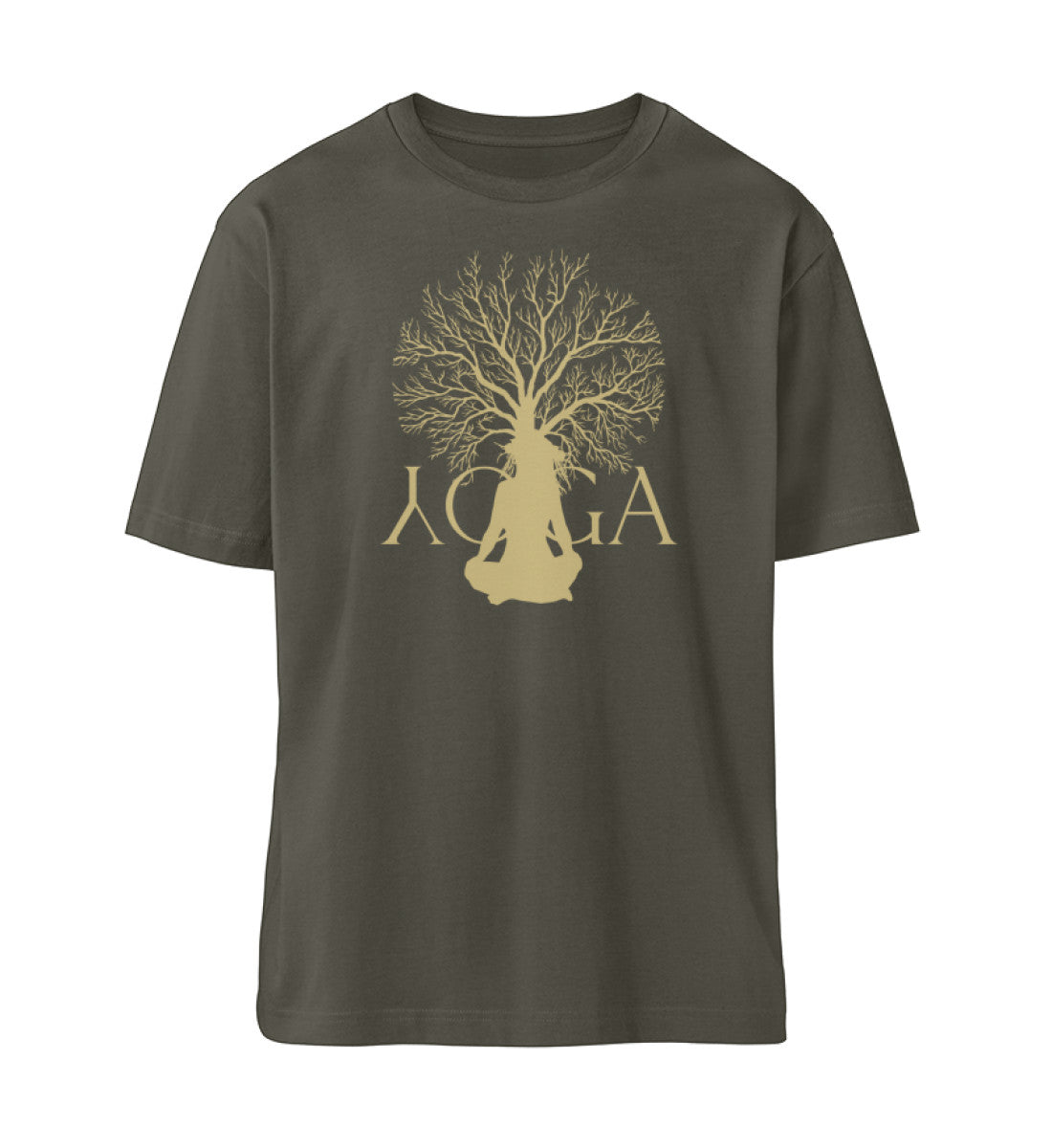 Khaki T-Shirt Unisex für Damen und Herren im Relaxed Fit bedruckt mit dem Design der Yoga Tree Kollektion von Roger Rockawoo