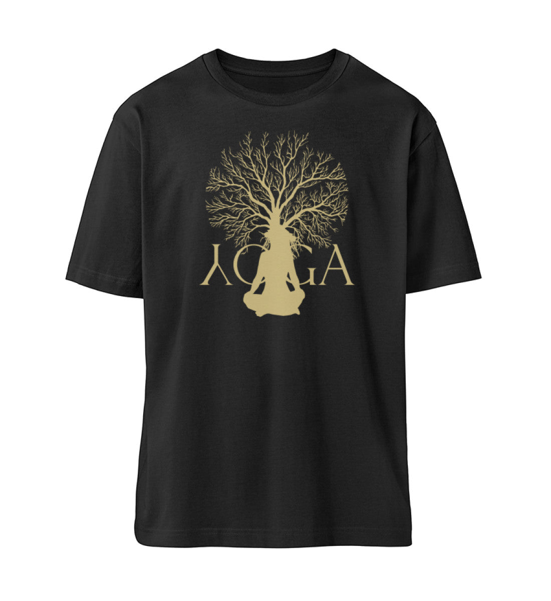Schwarzes T-Shirt Unisex für Damen und Herren im Relaxed Fit bedruckt mit dem Design der Yoga Tree Kollektion von Roger Rockawoo
