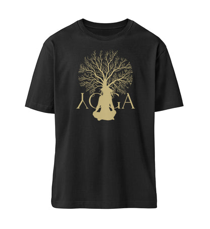 Schwarzes T-Shirt Unisex für Damen und Herren im Relaxed Fit bedruckt mit dem Design der Yoga Tree Kollektion von Roger Rockawoo