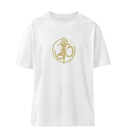 Weißes T-Shirt Unisex für Damen und Herren bedruckt mit dem Design der Yoga Tree Vrksasana Kollektion und dem Logo Schriftzug von Roger Rockawoo Clothing
