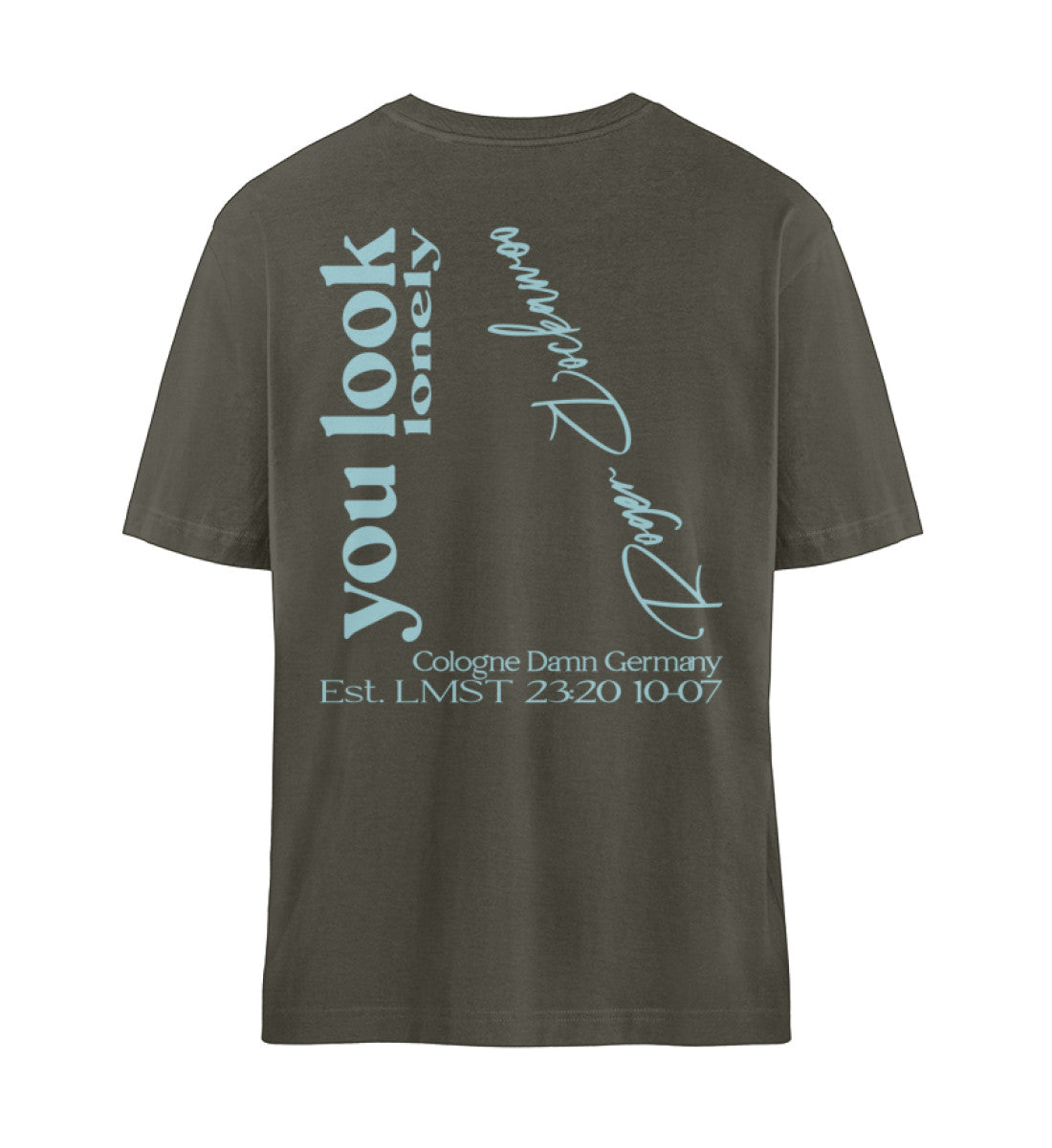 Khaki T-Shirt Unisex für Damen und Herren im Relaxed Fit in weiß bedruckt mit dem Design der you look lonely i can fix that Kollektion von Roger Rockawoo