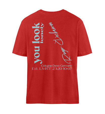 Rotes T-Shirt Unisex für Damen und Herren im Relaxed Fit in weiß bedruckt mit dem Design der you look lonely i can fix that Kollektion von Roger Rockawoo