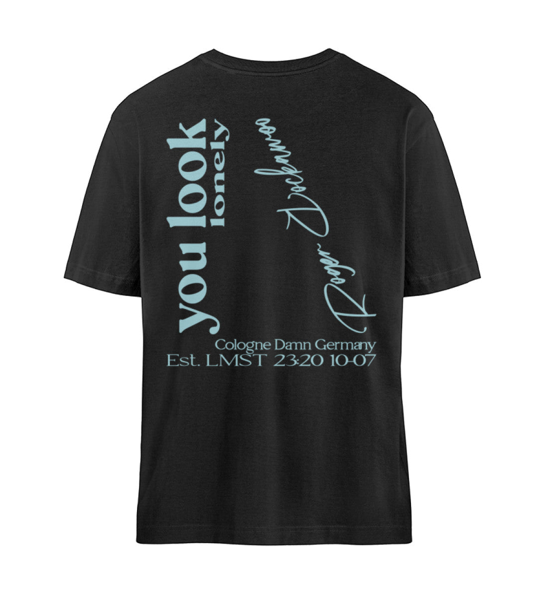 Schwarzes T-Shirt Unisex für Damen und Herren im Relaxed Fit in weiß bedruckt mit dem Design der you look lonely i can fix that Kollektion von Roger Rockawoo