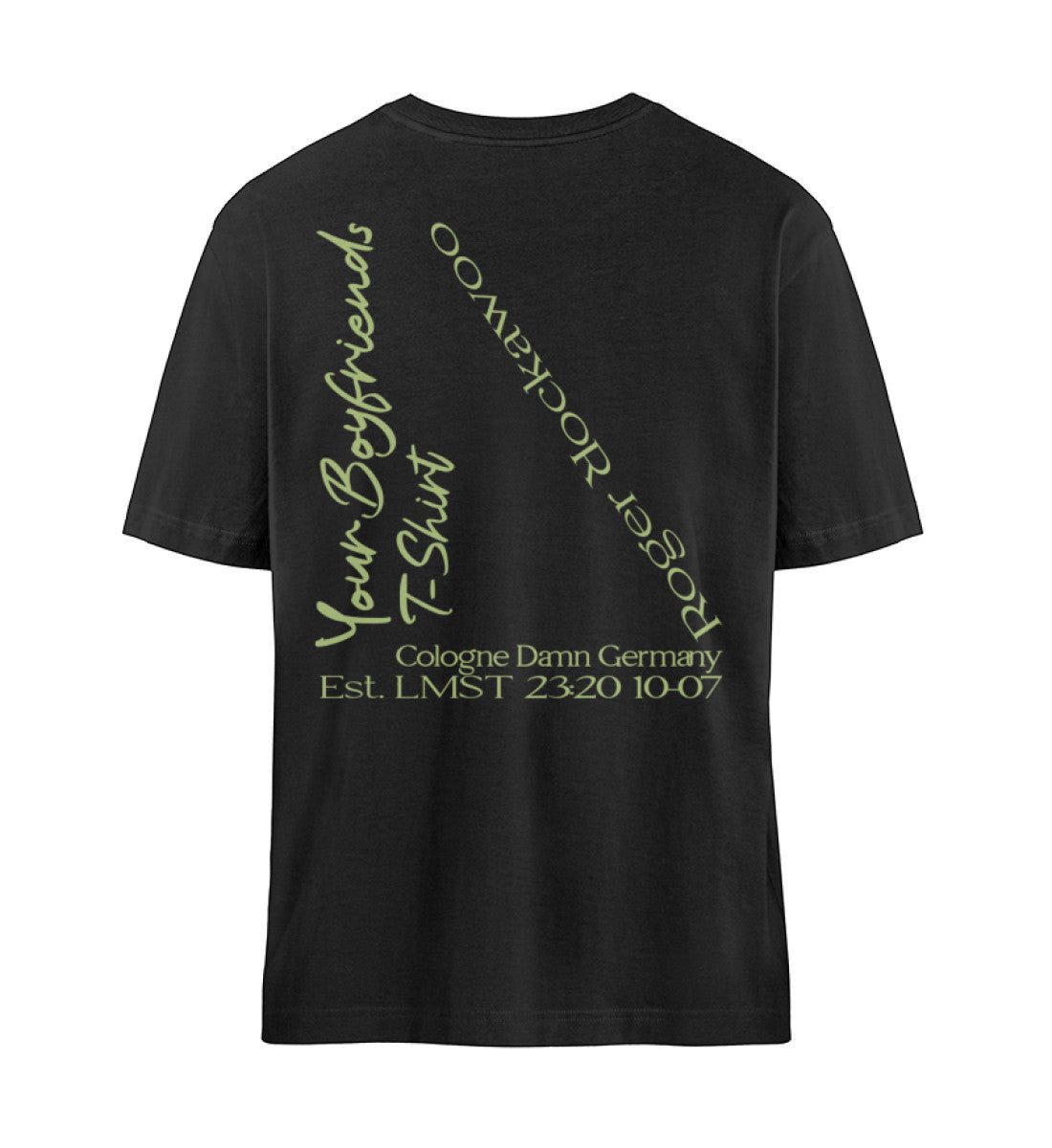 Schwarzes T-Shirt Unisex für Damen und Herren in bedruckt mit dem Design der Roger Rockawoo Kollektion Your Boyfriends T-Shirt