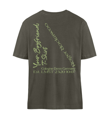 Khaki T-Shirt Unisex für Damen und Herren in bedruckt mit dem Design der Roger Rockawoo Kollektion Your Boyfriends T-Shirt