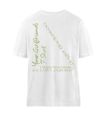 Weißes T-Shirt Unisex für Damen und Herren in bedruckt mit dem Design der Roger Rockawoo Kollektion Your Girlfriends T-Shirt