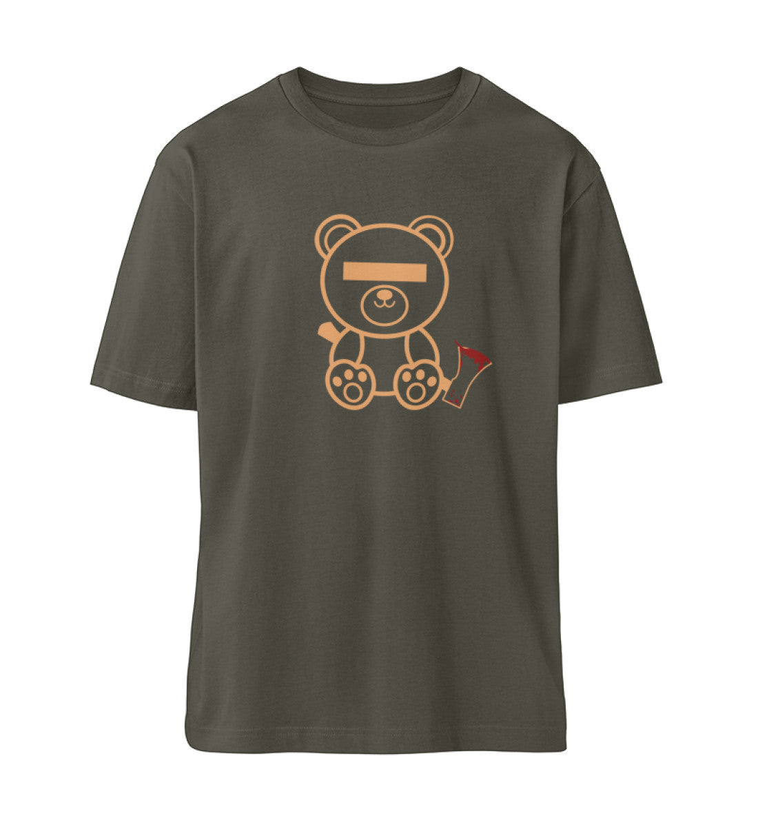 Khaki T-Shirt Unisex Relaxed Fit für Damen und Herren bedruckt mit dem Design der Roger Rockawoo Kollektion Your very last Teddybear