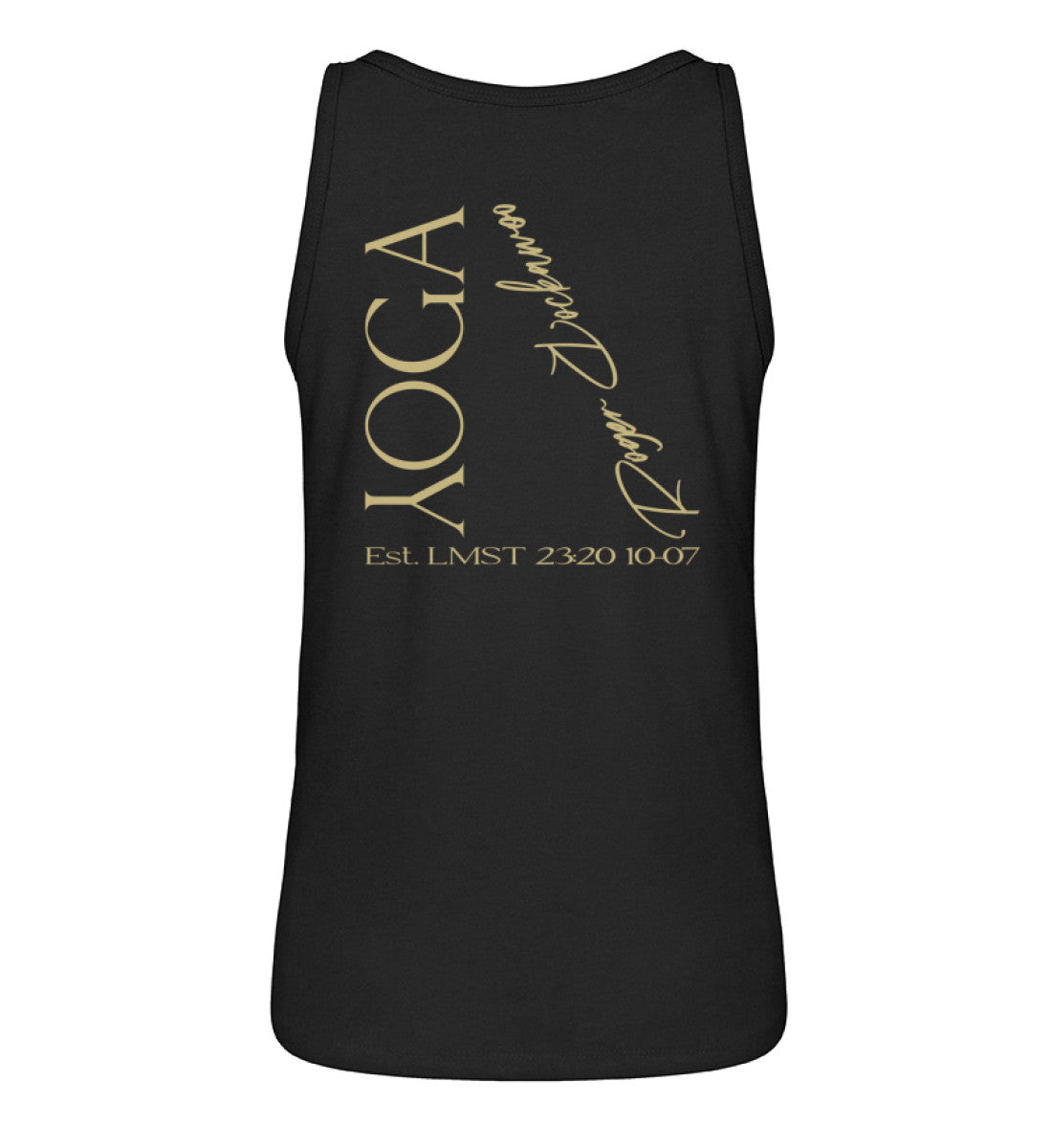 Schwarzes Tanktop Unisex für Damen und Herren im Relaxed Fit bedruckt mit dem Design der Yoga Tree Kollektion von Roger Rockawoo