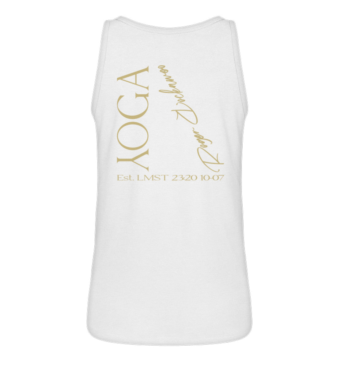 Weißes Tanktop Unisex für Damen und Herren im Relaxed Fit bedruckt mit dem Design der Yoga Tree Kollektion von Roger Rockawoo