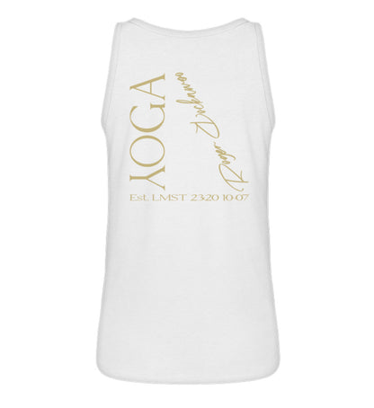 Weißes Tanktop Unisex für Damen und Herren im Relaxed Fit bedruckt mit dem Design der Yoga Tree Kollektion von Roger Rockawoo