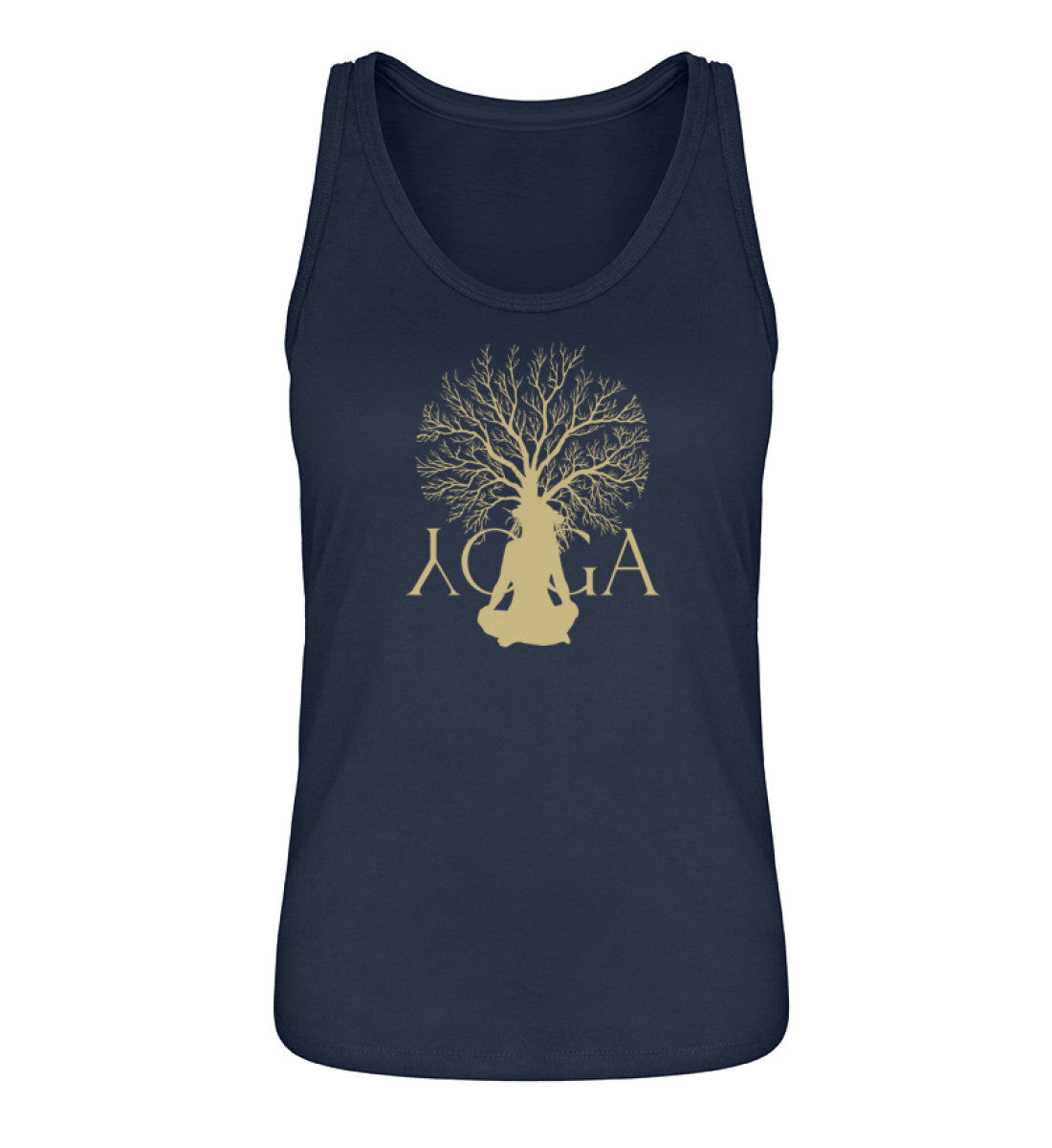 French Navy Blue Tanktop Unisex für Damen und Herren im Relaxed Fit bedruckt mit dem Design der Yoga Tree Kollektion von Roger Rockawoo