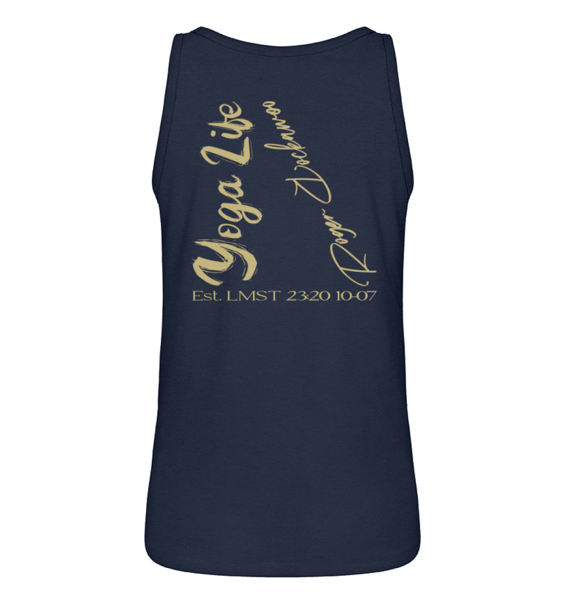 French Navy Blue Tanktop Unisex für Damen und Herren im Relaxed Fit bedruckt mit dem Design der Yoga life Kollektion von Roger Rockawoo