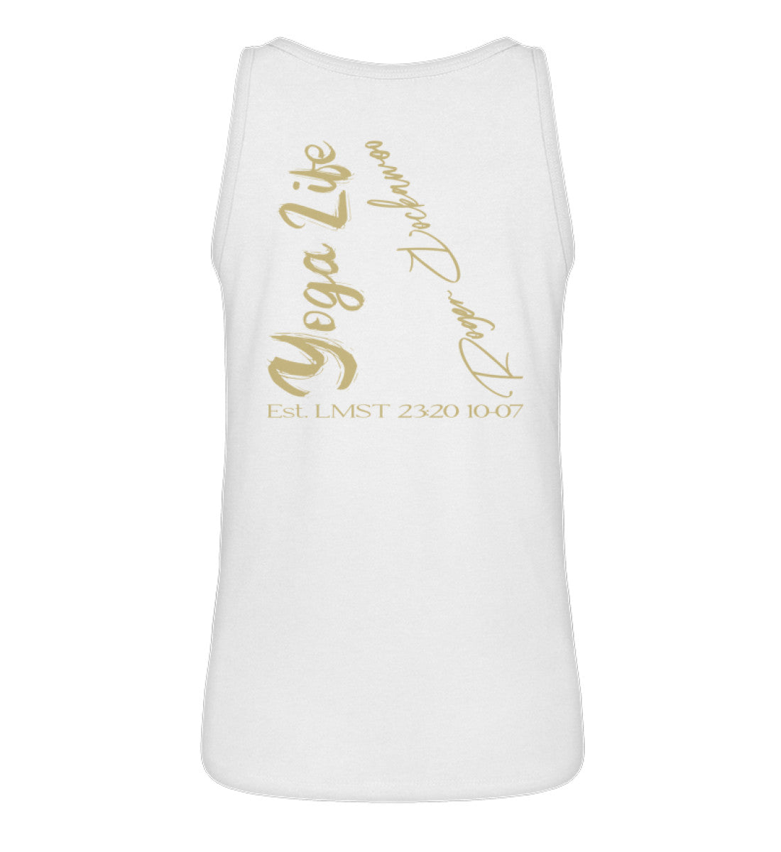 Weißes Tanktop Unisex für Damen und Herren im Relaxed Fit bedruckt mit dem Design der Yoga life Kollektion von Roger Rockawoo