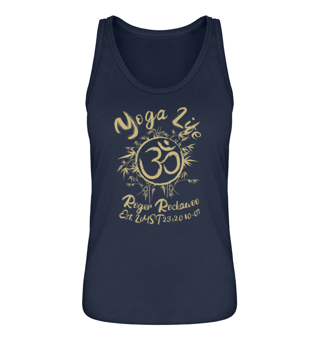 French Navy Blue Tanktop Unisex für Damen und Herren im Relaxed Fit bedruckt mit dem Design der Yoga life Kollektion von Roger Rockawoo