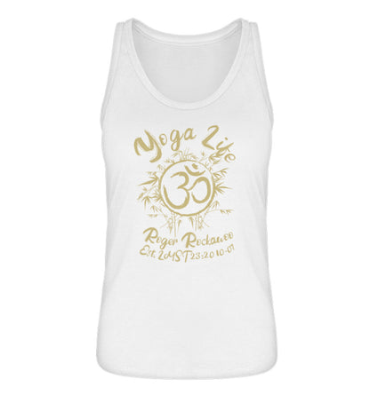 Weißes Tanktop Unisex für Damen und Herren im Relaxed Fit bedruckt mit dem Design der Yoga life Kollektion von Roger Rockawoo