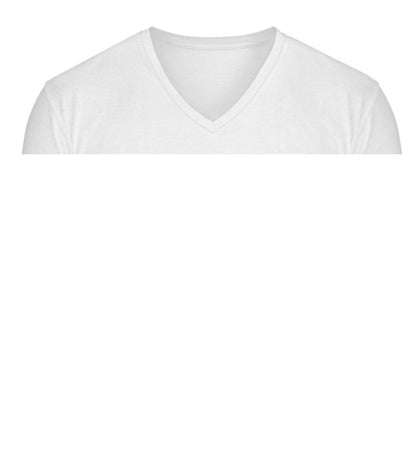Weißes Herren T-Shirt mit V-Ausschnitt bedruckt mit dem Design der Roger Rockawoo Kollektion Minimalism