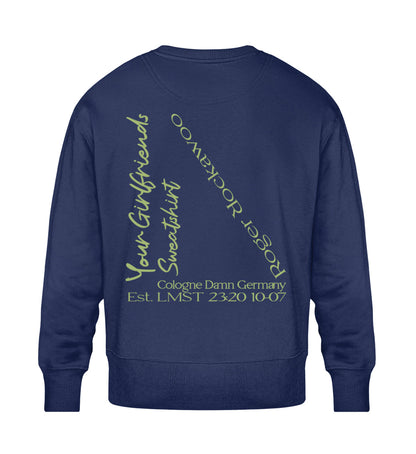 French Navy Blue Sweatshirt Unisex für Frauen und Männer bedruckt mit dem Design der Roger Rockawoo Kollektion Your Girlfriends Sweatshirt