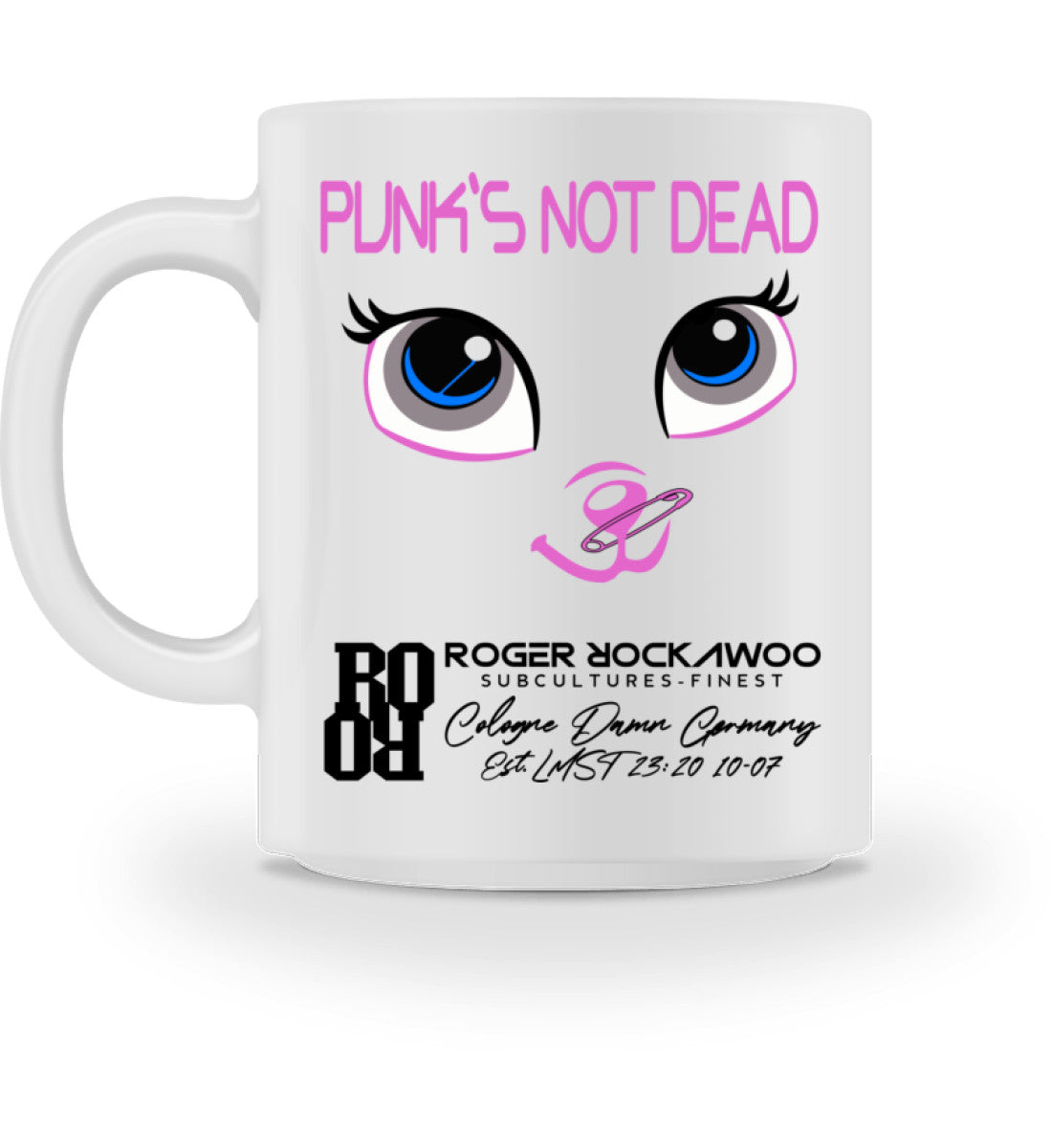 Keramiktasse bedruckt mit dem Design der Kollektion Punks not dead im Roger Rockawoo Clothing Webshop White-3