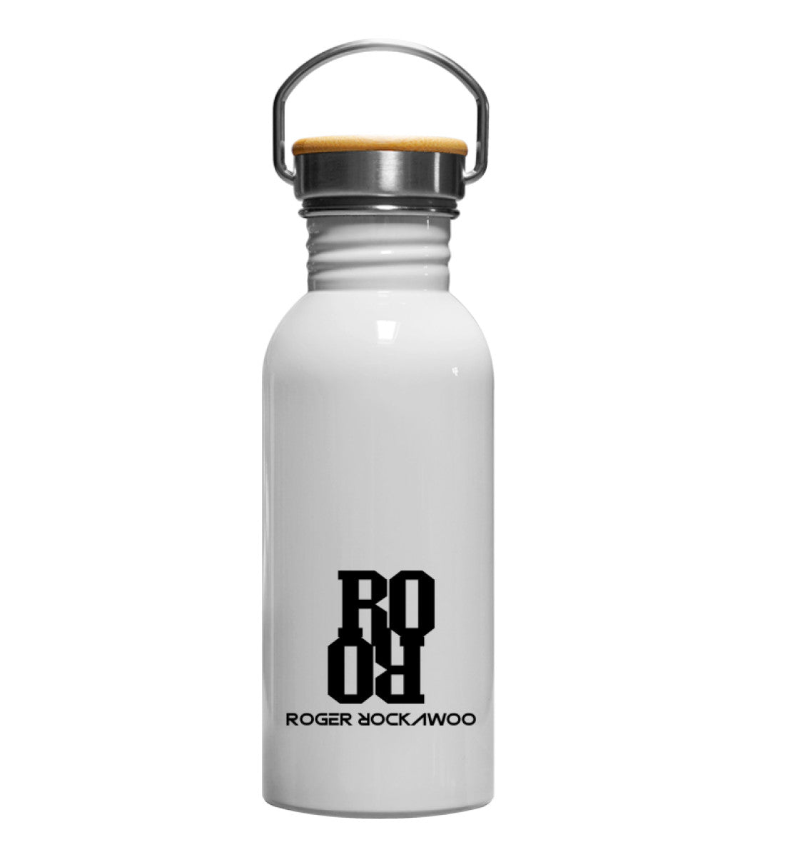 Edelstahl Trinkflasche weiß in Emaille Optik bedruckt mit dem Design der Roger Rockawoo Kollektion Logo