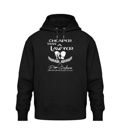 Schwarzer Oversize Hoodie Unisex für Frauen und Männer bedruckt mit dem Design der Roger Rockawoo Kollektion Boxing cheaper than a lawyer