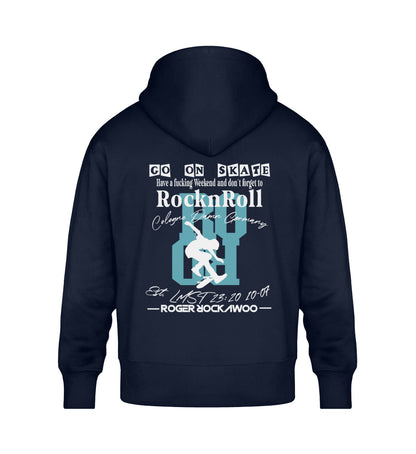 Hoodie Oversize Unisex für Damen und Herren bedruckt mit Print Design Aufdruck der Go On Skate Collection im Roger Rockawoo Clothing Webstore Subcultures Finest dunkelblau