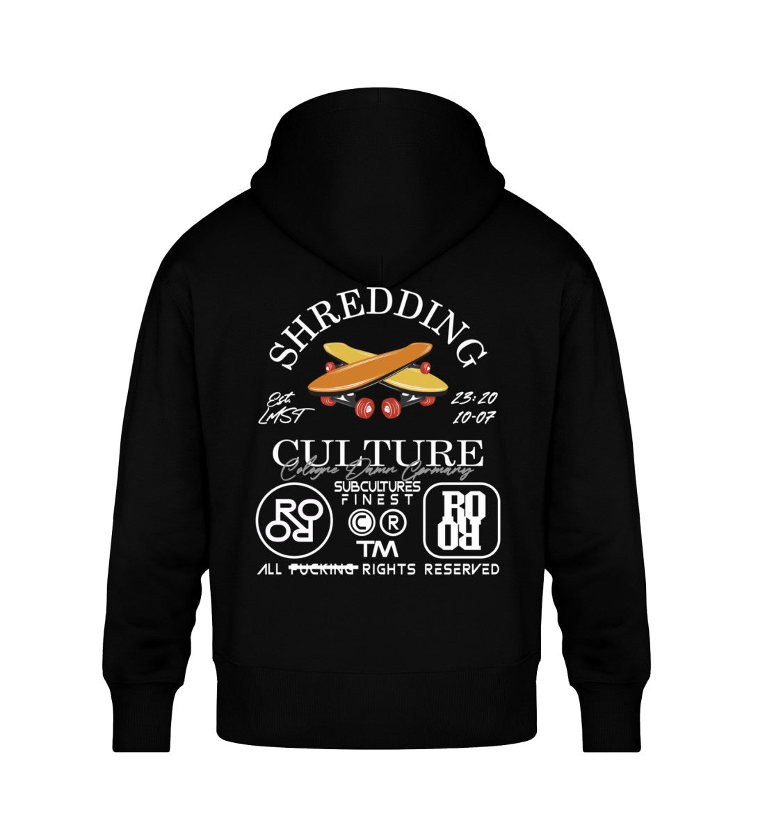 Schwarzer Oversize Hoodie Unisex für Frauen und Männer bedruckt mit dem Design der Roger Rockawoo Kollektion Skateboard Shredding Culture Community