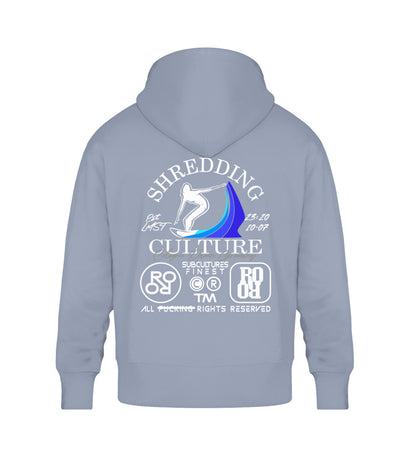 Serene Blue farbiger Oversize Hoodie Unisex für Frauen und Männer bedruckt mit dem Design der Roger Rockawoo Kollektion Surf Shredding Culture Community