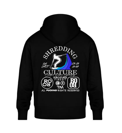 Schwarzer Oversize Hoodie Unisex für Frauen und Männer bedruckt mit dem Design der Roger Rockawoo Kollektion Surf Shredding Culture Community