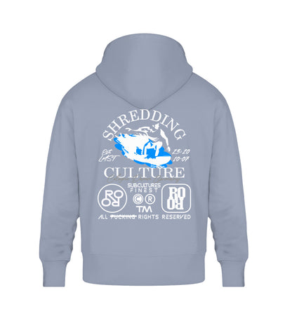 Serene Blue farbiger Oversize Hoodie Unisex für Frauen und Männer bedruckt mit dem Design der Roger Rockawoo Kollektion Surf Shredding Culture Community