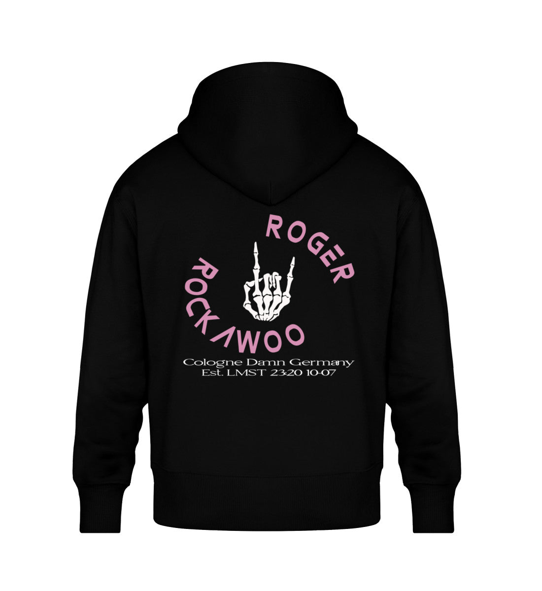 Schwarzer Oversize Hoodie Unisex für Frauen und Männer bedruckt mit dem Design der Roger Rockawoo Kollektion Guitar Goddness Rocknroll Weekend