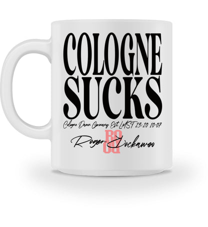 Weiße Tasse bedruckt mit dem Design der Cologne Kollektion von Roger Rockawoo