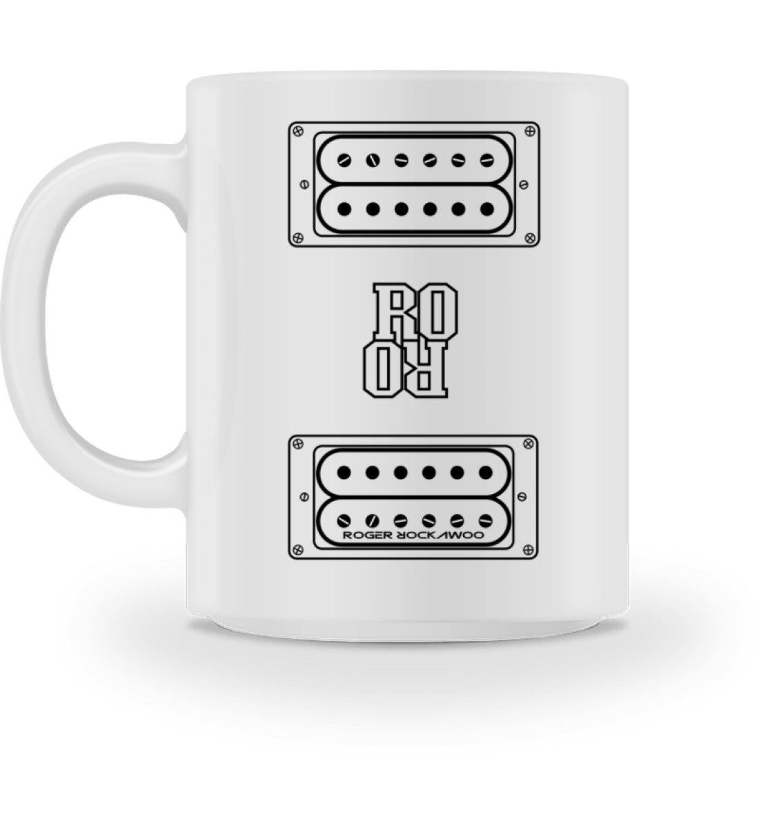 Weiße Tasse bedruckt mit dem Design der E-Gitarre Set Humbucker Kollektion von Roger Rockawoo