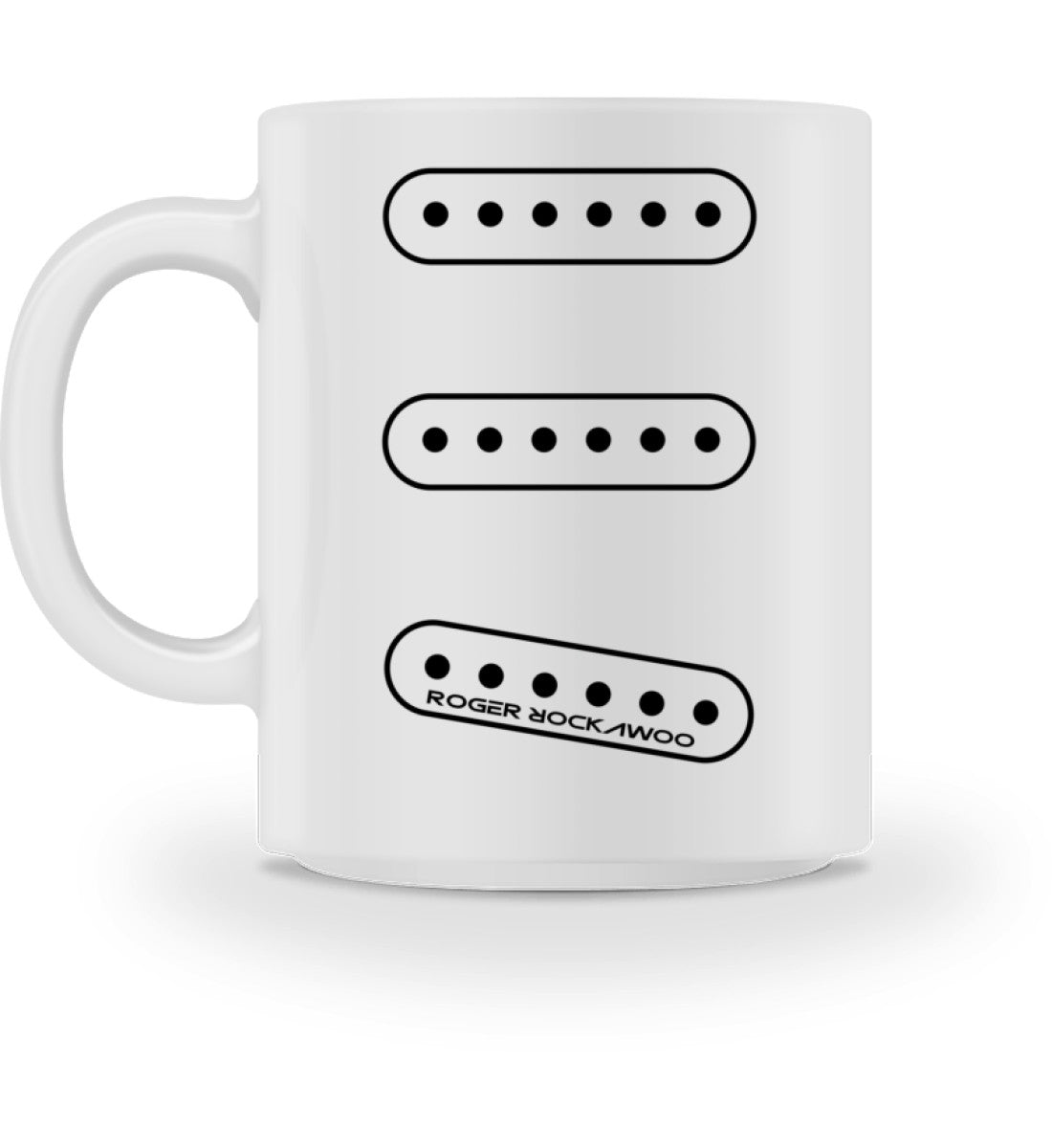 Weiße Tasse bedruckt mit dem Design der E-Gitarre Set Single Coil Kollektion von Roger Rockawoo