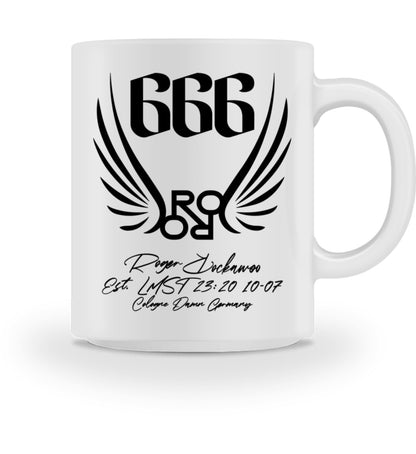 Weiße Tasse bedruckt mit dem Design der Engelszahl 666 Kollektion von Roger Rockawoo