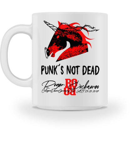 Weiße Tasse bedruckt mit dem Design der Punks not dead Einhorn Kollektion von Roger Rockawoo