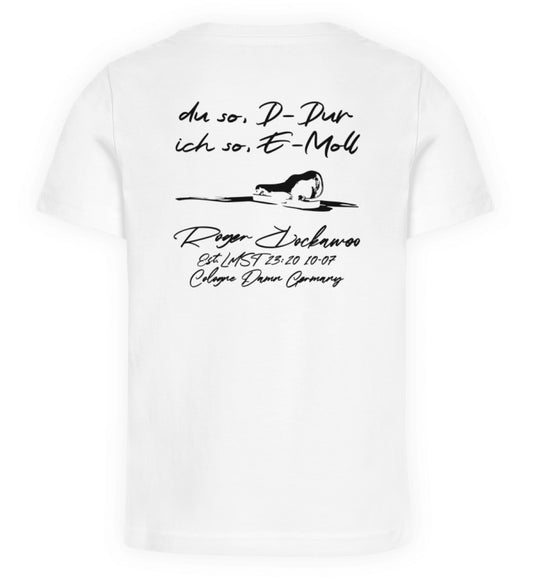 Weißes Kinder T-Shirt für Mädchen und Jungen bedruckt mit dem Design der Roger Rockawoo Kollektion Gitarre Du so D Dur ich so E moll