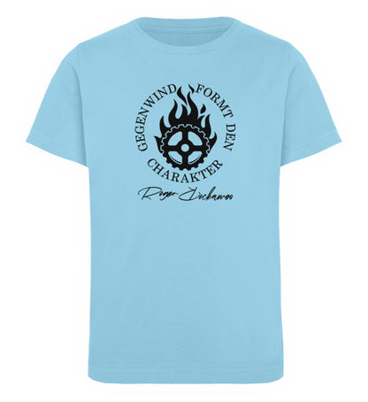Hellblau Kinder T-Shirt für Mädchen und Jungen bedruckt mit dem Design der Roger Rockawoo Kollektion Mountainbike Gegenwind formt den Charakter