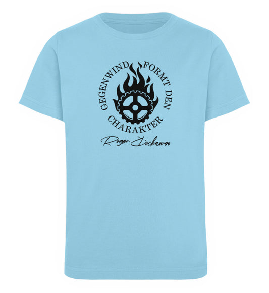 Hellblau Kinder T-Shirt für Mädchen und Jungen bedruckt mit dem Design der Roger Rockawoo Kollektion Mountainbike Gegenwind formt den Charakter