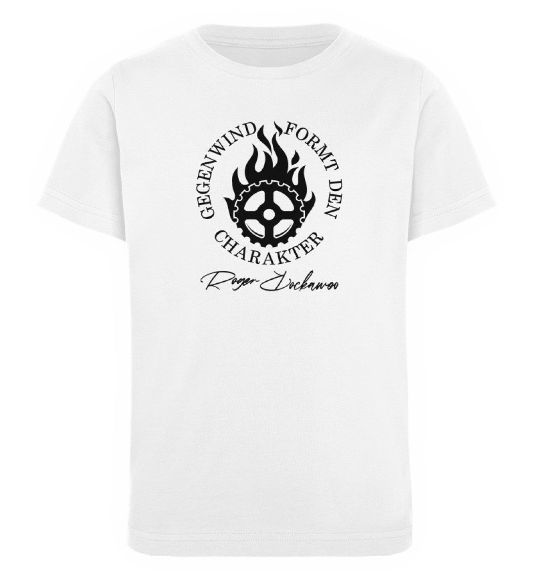 Weißes Kinder T-Shirt für Mädchen und Jungen bedruckt mit dem Design der Roger Rockawoo Kollektion Mountainbike Gegenwind formt den Charakter