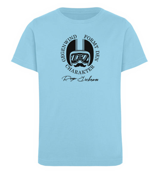 Hellblaues Kinder T-Shirt für Mädchen und Jungen bedruckt mit dem Design der Roger Rockawoo Kollektion Mountainbike Gegenwind formt den Charakter