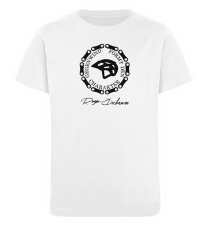 Weißes Kinder T-Shirt für Mädchen und Jungen bedruckt mit dem Design der Roger Rockawoo Kollektion Mountainbike Downhill Freeride Gegenwind formt den Charakter