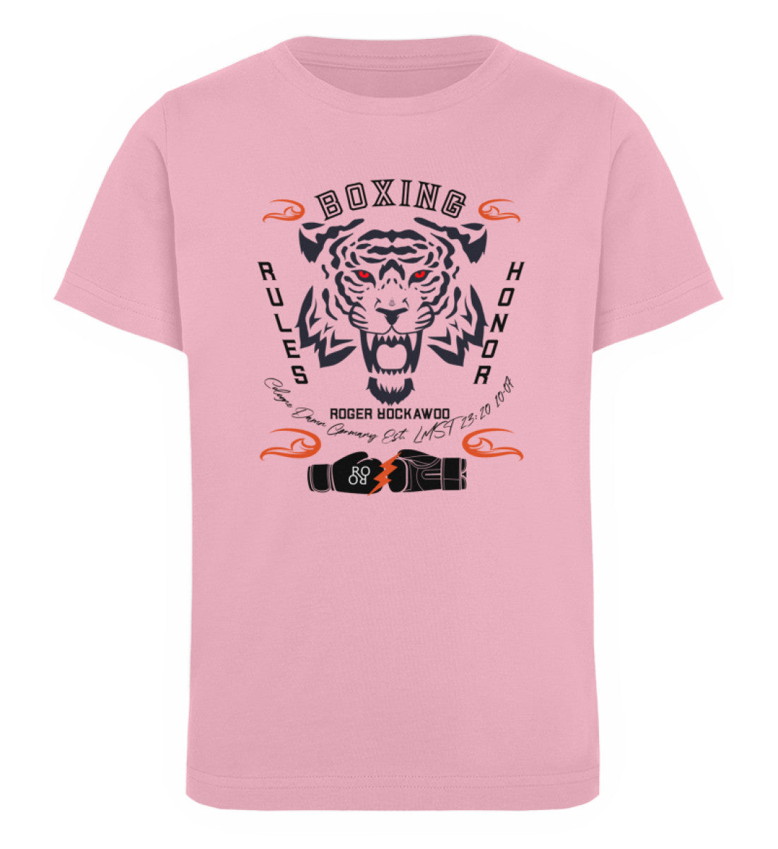 T-Shirt Kids Kinder Unisex mit Print Design der Boxing Rules and Honor Kollektion im Roger Rockawoo Fashion Webstore Cotton Pink-6883